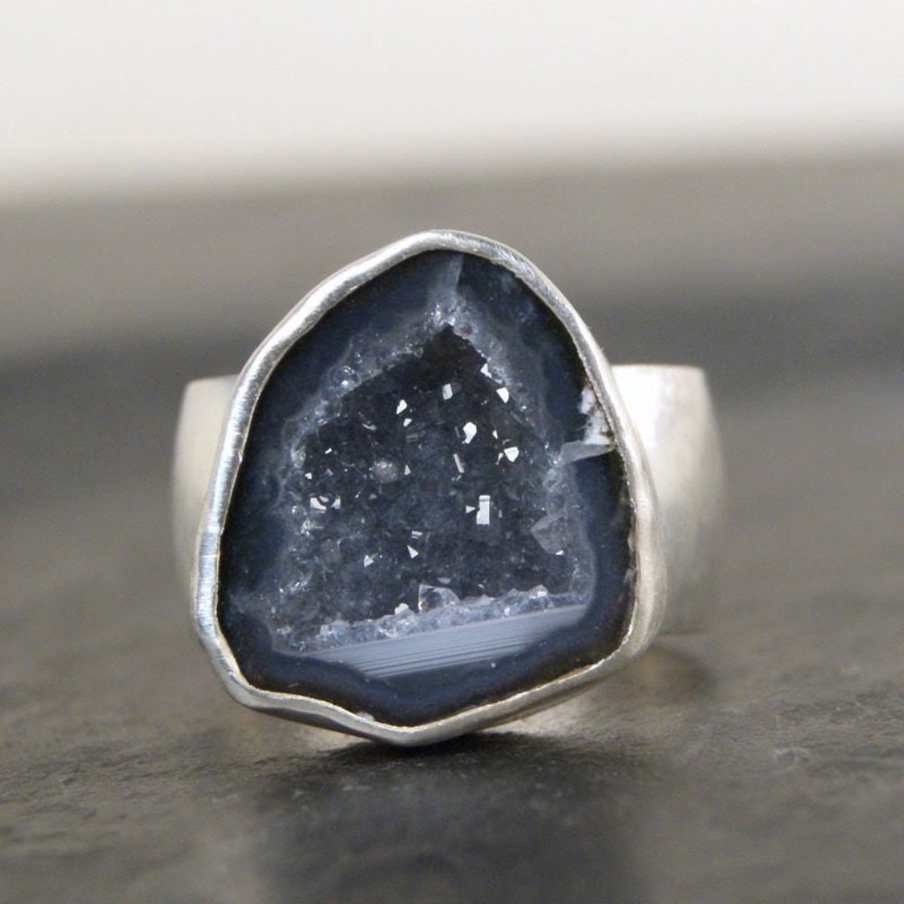 Dark Grey Lavender Druzy Geode Ring in Sterling Silver - sz 6.5